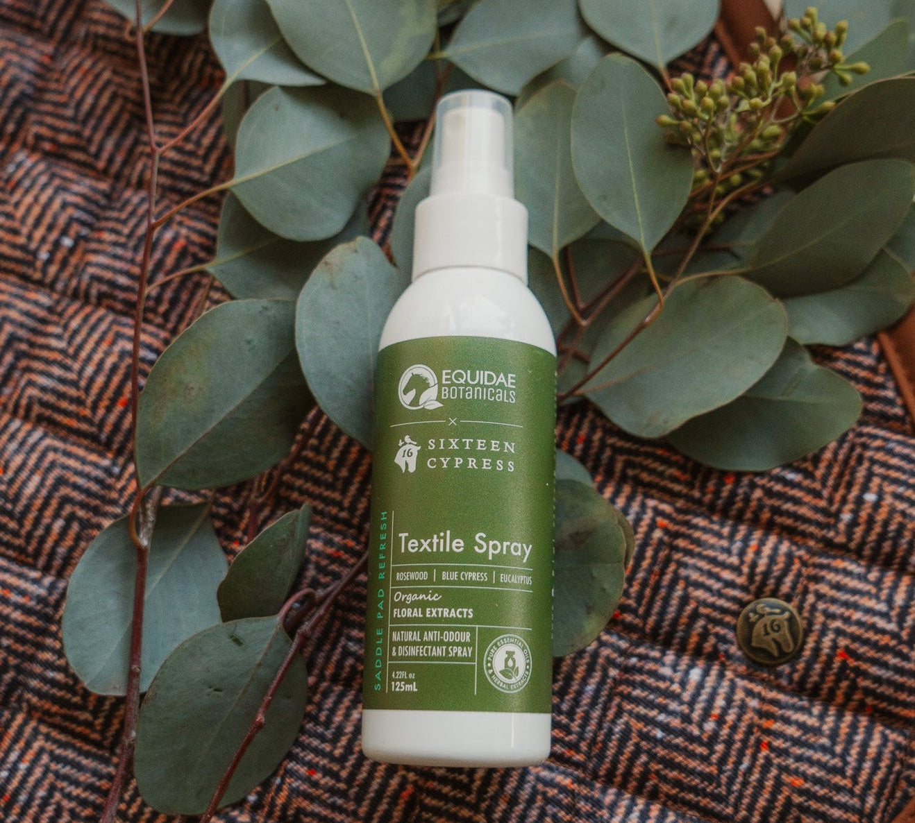 saddle pad textile refresh spray by Sixteen Cypress & Equidae Botanicals 